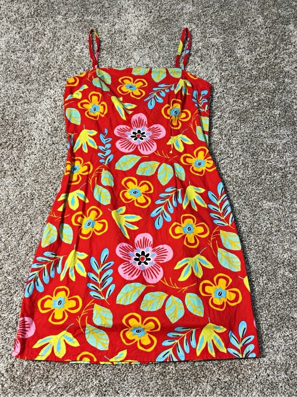 Y2K California Concepts Bright Red Floral Mini Dress with Spaghetti Straps